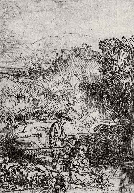 Пейзаж с семейством пастуха. 1644 - Офорт 95 x 68 мм Собрание Я. де Брёйна