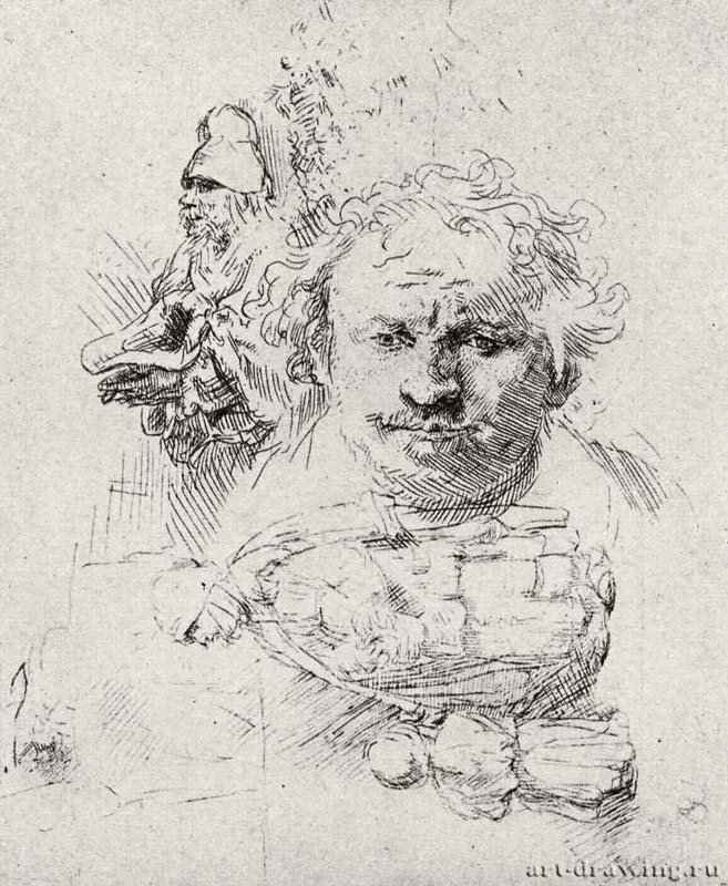 Лист этюдов с автопортретом, нищенкой с ребенком и фигурой старика. 1648 - Офорт 110 x 94 мм Собрание Я. де Брёйна