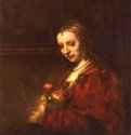 Портрет женщины с алой гвоздикой. 1662 - 92,1 x 74,6 см. Холст, масло. Барокко. Нидерланды (Голландия). Нью-Йорк. Музей Метрополитен. Парная картина к 'Портрету мужчины с увеличительным стеклом'.