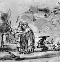 Лаван приветствует Иакова. 1638-1655 - Перо, отмывка 169 x 215 мм Государственный художественный музей, Королевское собрание графики Копенгаген