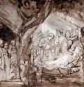 Смерть Иакова. 1639-1640 - Перо и кисть коричневой тушью, отмывка серым и коричневым тоном, рeтушь белилами, на бумаге 254 x 368 мм Музей изящных искусств Монреаль