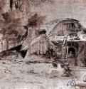 Дома на опушке леса.  1644-1645 - Перо тушью, отмывка сепией, на бумаге 286 x 439 мм Собрание Леман Нью-Йорк