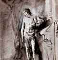 Стоящий обнаженный. 1646 - Перо коричневой тушью, отмывка, подсветка белым, на бумаге 252 x 193 мм Британский музей Лондон