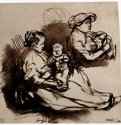 Этюд двух женщин с маленькими детьми. 1646 - Перо коричневым тоном, отмывка бистром, на бумаге 165 x 164 мм Национальная галерея, Собрание графики Стокгольм