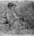 Полуобнаженная молодая женщина. 1654-1656 - Перо бистром, отмывка, подсветка белым, на коричневатой бумаге 142 175 мм Гравюрный кабинет Государственных художественных собраний Дрезден