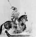 Восточный всадник. 1654-1656 - Перо коричневым тоном, отмывка коричневым и серым тоном, сангина, желтая акварель, подсветка белым, на японской бумаге 277 x 206 мм Британский музей Лондон