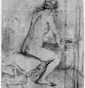 Обнаженная натурщица, опирающаяся руками на край корзины. 1654-1656 - Перо бистром, отмывка, на коричневатой бумаге 190 x 145 мм Государственное Собрание графики Мюнхен