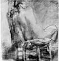 Сидящая обнаженная натурщица, фигура со спины. 1654-1656 - Перо бистром, отмывка, на коричневатой бумаге 222 x 185 мм Государственное Собрание графики Мюнхен