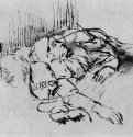 Больная женщина в постели и служанка. 1656 - Кисть тушью, на бумаге 101 x 169 мм Собрание Гутекунст Лондон