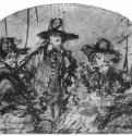 Набросок к левой группе "Синдиков".1662 - Бумага, тростниковое перо, коричневый тон, размывка 17,3 x 20,5 Гравюрный кабинет Берлин