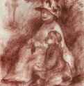 Мать с ребенком, сидящие на траве. 1890-1891 - 475 х 330 мм Сангина, подсветка белым, на белой бумаге Кембридж (штат Массачусетс). Художественный музей Фогга, Отдел гравюры и рисунка Франция