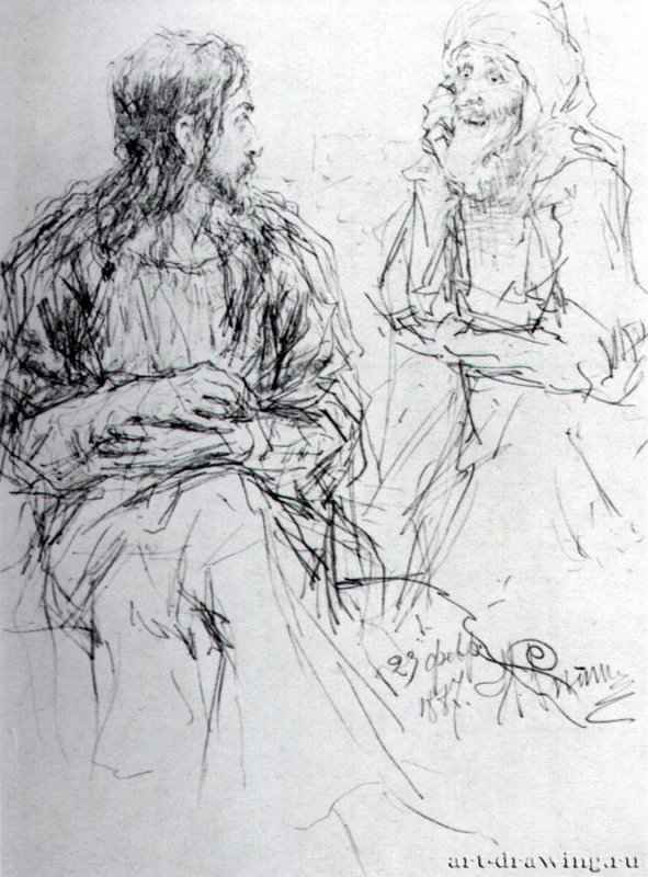 Христос и Никодим. 1887 - Бумага, графитный карандашРеализмРоссия
