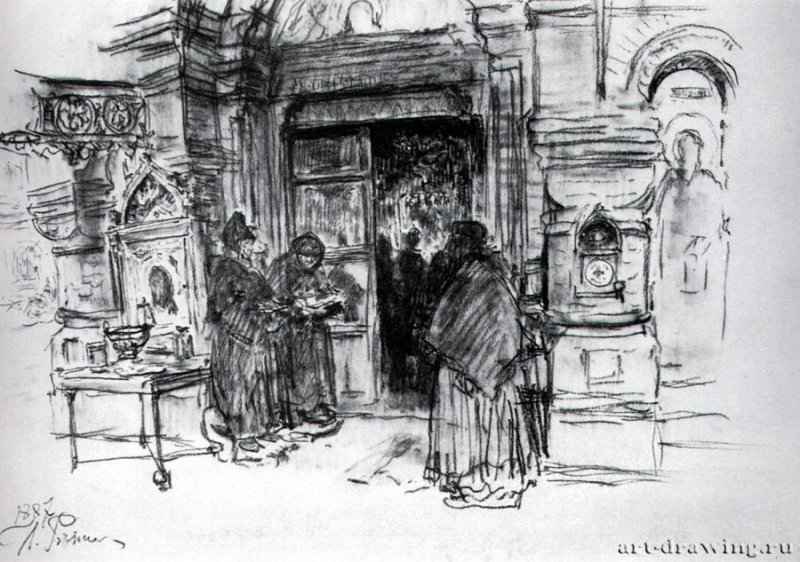 Часовня возле гостиного двор. 1887 - Бумага, графитный карандашРеализмРоссия