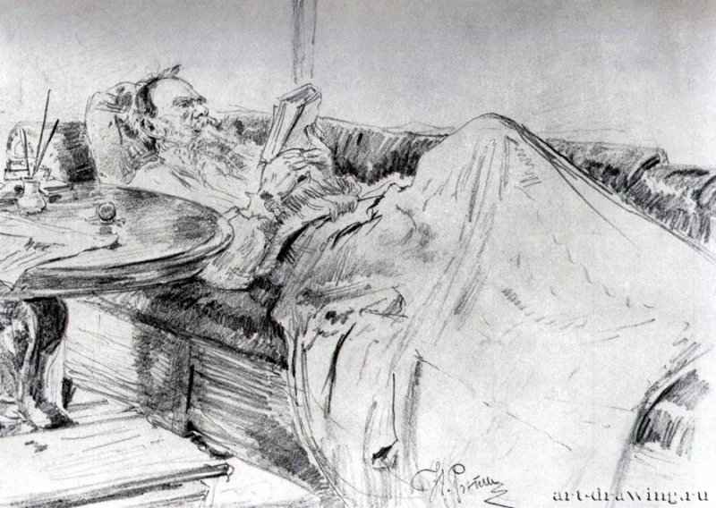 Лев Толстой, читающий на Диване. 1891 - Бумага, графитный карандашРеализмРоссия