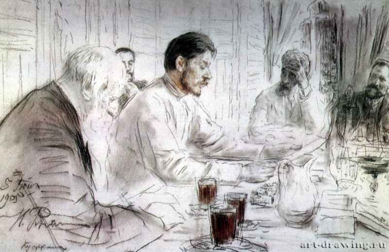 Максим Горький, читает свою пьесу "Дети Солнца". 1905 - Бумага, графитный карандашРеализмРоссия