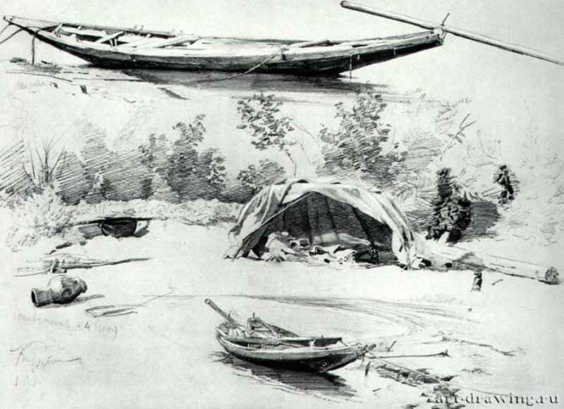 На Волге. Пейзаж с Лодками. 1870 - Бумага, графитный карандашРеализмРоссия
