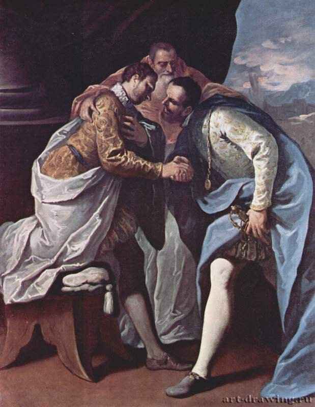 Цикл картин о жизни папы Павла III. Встреча Павла III, Франца I и Карла V. 1687-1688 - 108 x 94 смХолст, маслоБарокко, рококоИталияПьяченца. Городской музейЗаказчик - Ранунччо II Фарнезе, предназначалась для покоев герцогини в Палаццо Фарнезе, часть цикла из двенадцати картин