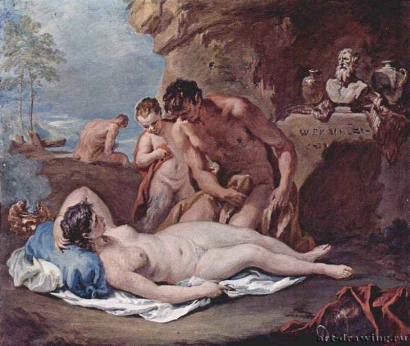 Спящая нимфа и два сатира. 1712-1716 - 15,7 x 18,5 смХолст, маслоБарокко, рококоИталияЛилль. Музей изящных искусств