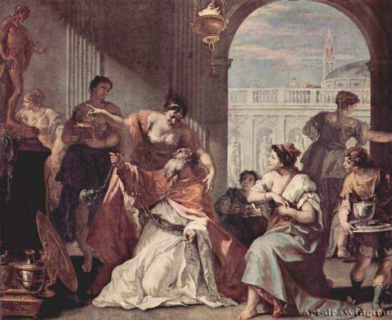 Идолослужение Соломона. 1724 - 128 x 151 смХолст, маслоБарокко, рококоИталияТурин. Галерея СабаудаЗаказчик - Витторио Амедео ди Савойя, картина задумана как надвратная в покои правящей герцогини и парная к "Изгнанию Агари"