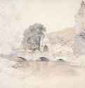 Мост, ворота и башня замка Билин под Теплицем, 1834. - 180 x 230 мм. Карандаш, кисть, цветная акварель, на белой бумаге. Гамбург. Кунстхалле, Гравюрный кабинет.