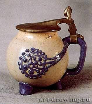 Пивная кружка с цинковой крышкой, 1902 г. - Каменная масса, соляная глазурь, рельеф, лепка, цинк.