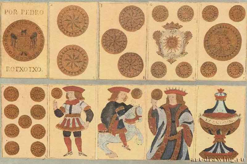 Лицевая и оборотная сторона игральных карт. 18 век - Раскрашенная ксилография. Барселона. Музей Марес. Испания.