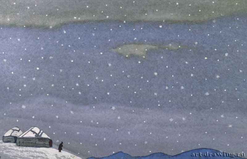 Монголия морозная 1935-1936 гг. - Картон, темпера; 29 х 45,7 см. Новосибирский государственный художественный музей. Новосибирск, Росссия.