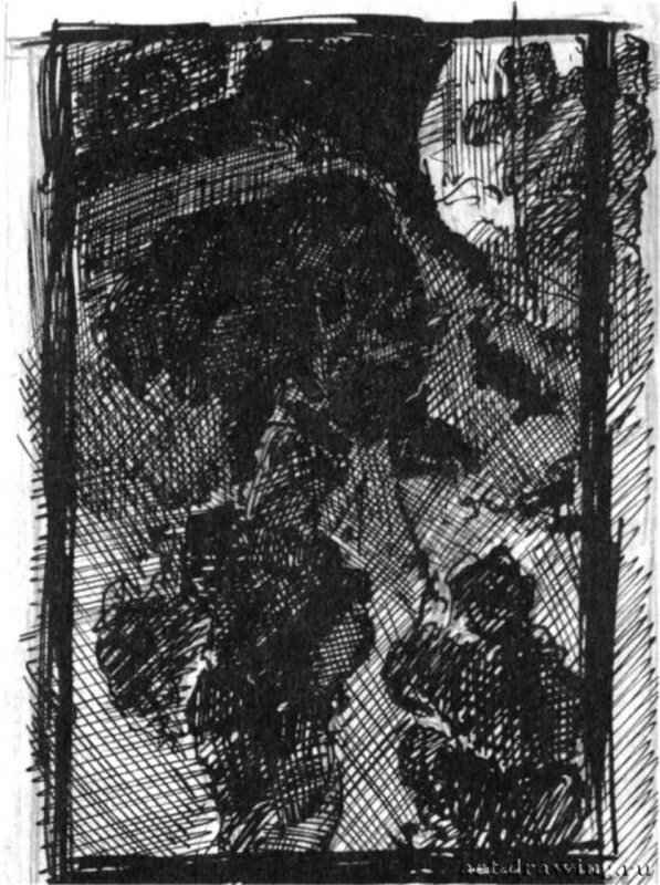 Охота на медведя (Набросок) 1889-1890 гг. - Бумага, тушь, карандаш; В свету 13,3 х 10,3 см. Музей Николая Рериха. Нью-Йорк, США.