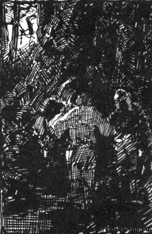 Охотники в лесу (Набросок) 1889-1890 гг. - Бумага, тушь, карандаш; В свету 8,7 х 5,6 см.