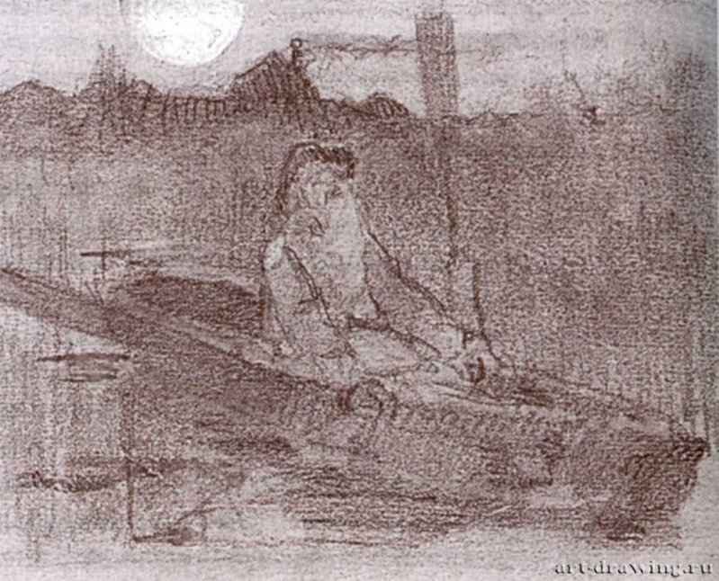 Охотник в лодке (Рисунок) 1890 г. - Бумага, карандаш, акварель, белила; В свету 8,8 х 11,7 см.