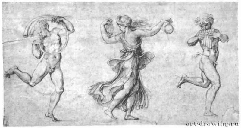 Танцующая между фавнами вакханка. 1515-1520 - Романо, Джулио: Сангина. Вена. Собрание графики Альбертина.