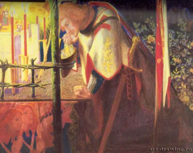 Сэр Галахад у разрушенной часовни, 1859 г. - Бумага, акварель; 29,2 x 34,3 см. Бирмингем. Городская художественная галерея. Великобритания.