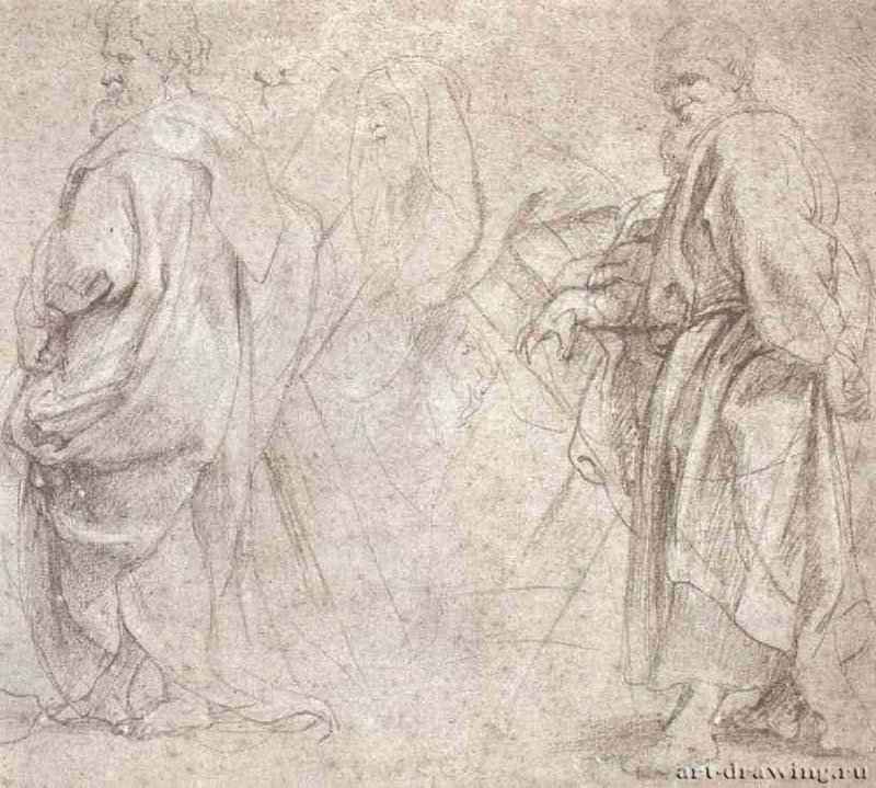 Трое мужчин в длинных одеждах. 1610-1618 - 281 х 314 мм. Черный мел, подсветка белым, на бумаге. Копенгаген. Государственный художественный музей, Королевское собрание графики. Фландрия.