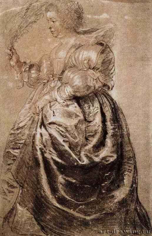 Молодая женщина с веером из страусовых перьев. 1630 - 538 х 347 мм. Черный мел и сангина, подсветка белым, на бумаге. Париж. Лувр, Кабинет рисунков. Фландрия.