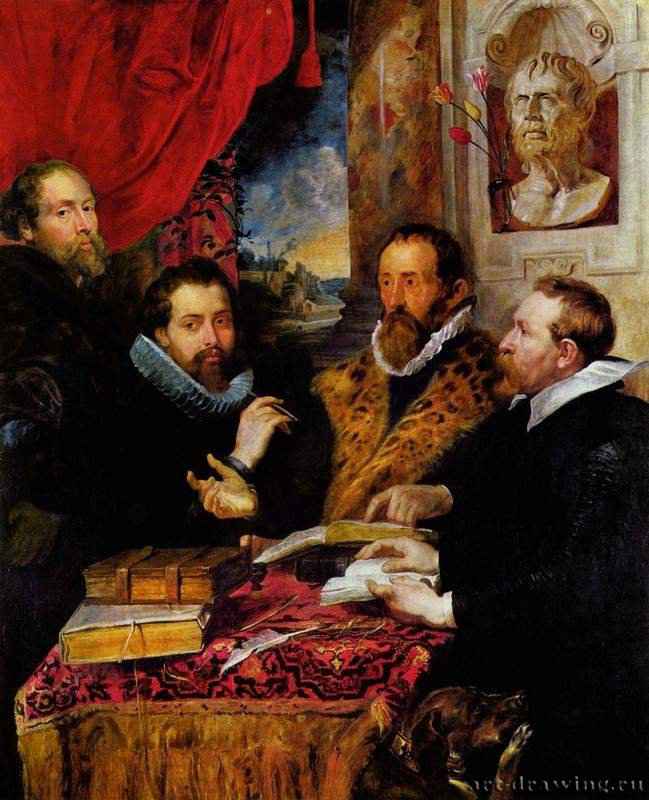 Четыре философа, слева направо: Рубенс, его брат Филипп, ученый Липсиус и его ученик Ян ван дер Ваувере. 1611 - 167 x 143 см. Дерево, масло. Барокко. Нидерланды (Фландрия). Флоренция. Палаццо Питти.