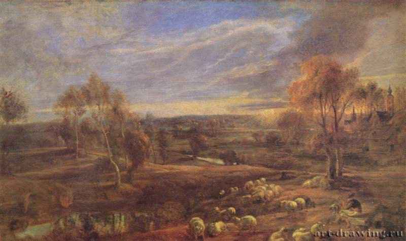 Вечерний пейзаж с пастухом и его стадом. 1638-1640 - 49,5 x 83,5 смДерево, маслоБароккоНидерланды (Фландрия)Лондон. Национальная галерея