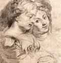 Две молодые женщины с собакой. 1616-1618 - 290 х 235 мм. Черный мел, подсветка белым, перо и отмывка тушью. Вена. Собрание графики Альбертина. Фландрия.