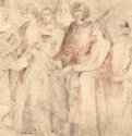 Женщины и мужчины в бургундских костюмах. Первая половина 17 века - 212 х 273 мм. Черный мел и сангина. Вена. Собрание графики Альбертина. Фландрия.
