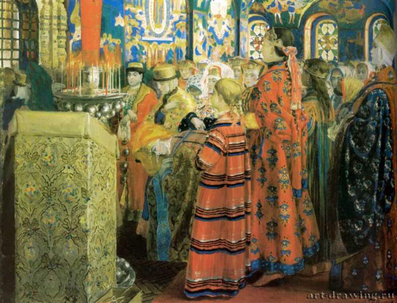 Русские женщины 17 столетия в церкви, 1899г. - Холст, масло; 53,5 х 68,8 см. Москва. Государственная Третьяковская галерея.
