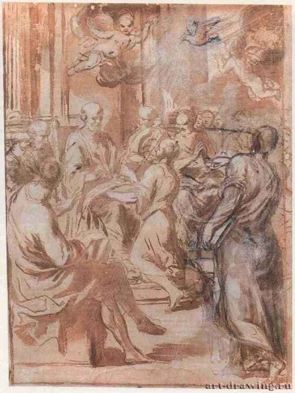 Наречение имени Иоанна Крестителя. 1639-1649 - 284 х 207 мм. Рисунок и размывка кистью коричневым тоном, подсветка белым, черный мел. Берлин. Гравюрный кабинет. Италия.