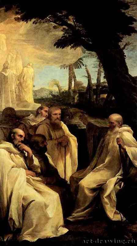 Видение св. Ромуальда. 1631 - Холст; масло Рим Ватиканская пинакотека Италия
Монументальное полотно Андреа Сакки "Видение св. Ромуальда", создано для алтаря впоследствии снесенной церкви св. Ромуальда в Риме.