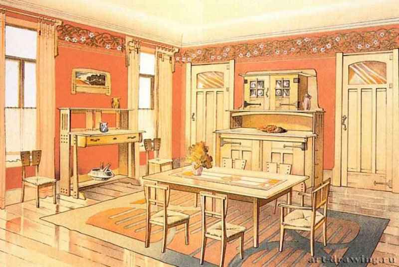 Столовая. Эскиз проекта, 1904 г. - Акварель; 18 x 23 см. Бельгия.
