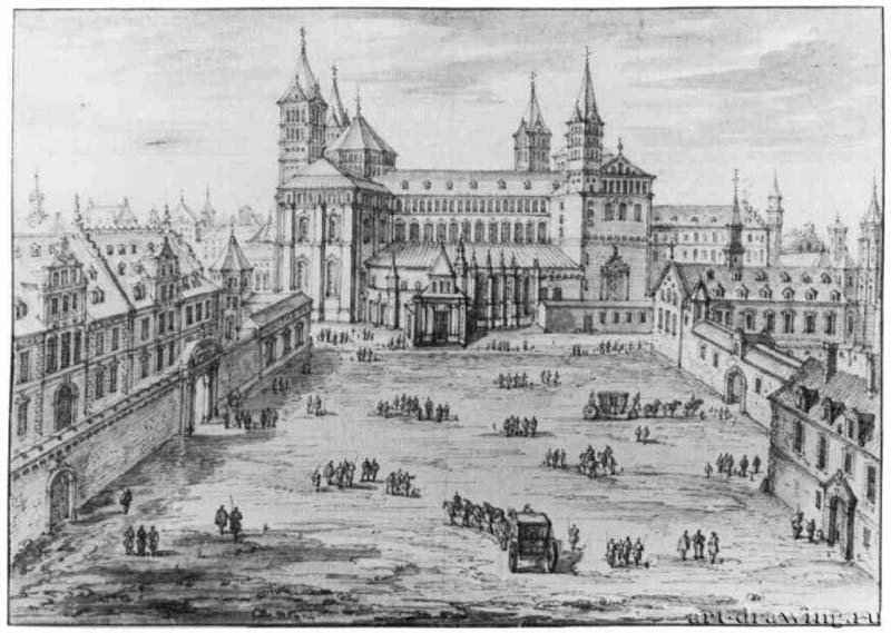 Собор в Шпейере и епископский дворецю 1665 - 281 x 313 мм. Перо коричневым тоном, отмывка серо-голубым тоном, следы черного мела, на бумаге. Франкфурт. Художественный институт Штеделя, Гравюрный кабинет. Франция.