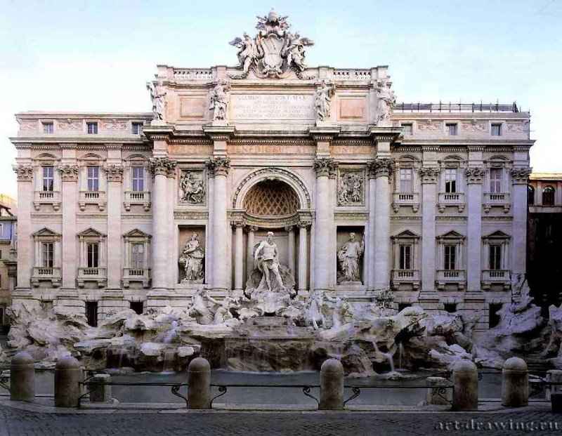 Фонтан Треви. Деталь фасада палаццо Поли. 1732-1751 - Мрамор. Рим. Палаццо Поли. Италия.
В основе замысел Никколо Сальви. В прямоугольном углублении слева находится аллегорическая фигура Изобилия, а в нише справа - скульптура Врачевания; обе они выполнены Филиппо делла Валле. рельеф над левой чашей, выполненный Джованни Гросси, изображает Агриппу, рассматривающего акведук, а рельеф с правой стороны (вторая половина 18 века) - изображает, согласно древней легенде, Деву, указывающую источник - Аква Верджине - римским воинам. В центральной нише Океан - владыка вод и населяющих их существ - стоит на раковине, которую поддерживают обитатели моря, кони и управляющие ими тритоны. Эта группа была выполнена Пьетро Браччи, возможно, по наброскам Джованни Баттисты Майни (1690 - 1752).