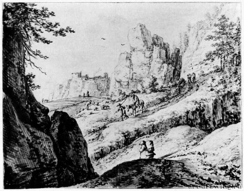 Горный пейзаж с фигурами. 1648 - Черный мел, отмывка коричневой и китайской тушью, на бумаге 220 x 282 мм Школа изящных искусств Париж