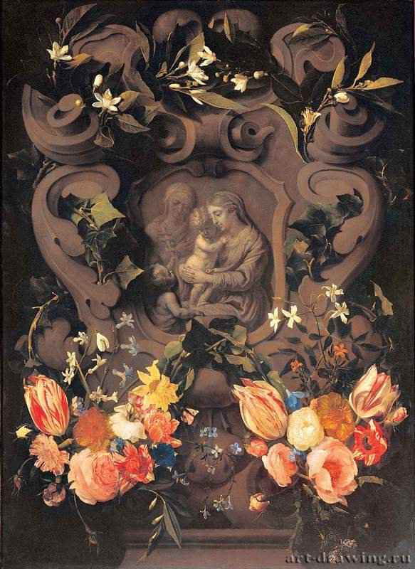 Мадонна с младенцем Христом, святая Елизавета и Иоанн Креститель, окружённые цветами. 1650 * - 84 х 61 смМедь, маслоМосква. ГМИИ им. А.С. Пушкина