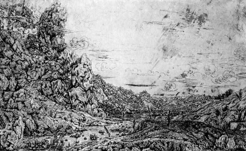 Речная долина с четырьмя деревьями. 1620 - Офорт, черный оттиск на белой бумаге 286 x 473 мм Британский музей Лондон