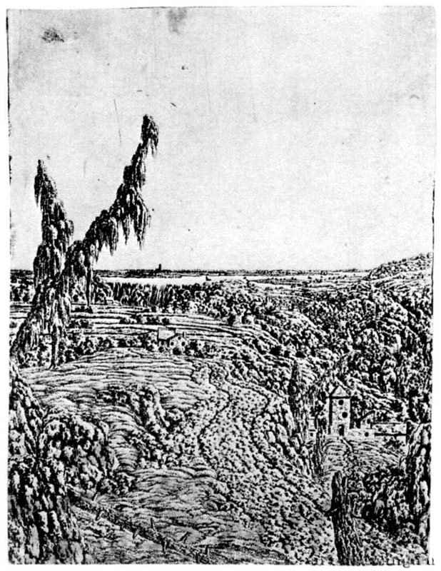 Пейзаж с дорогой вдоль плато и рекой на горизонте. 1621-1632 - Офорт, черный оттиск на белой бумаге 139 x 107 мм Риксмузеум Амстердам
