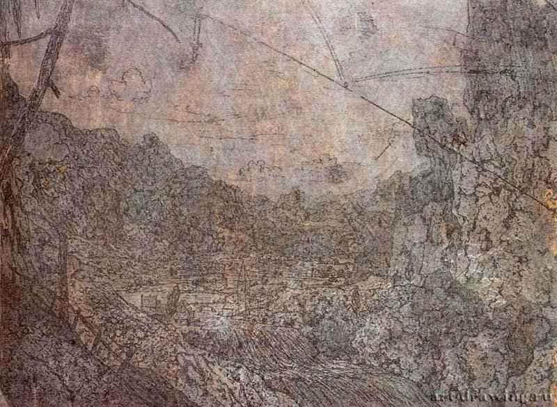 Речная долина с водопадом. 1621-1632 - Офорт и гравюра сухой иглой, синий оттиск на желтой, синевато-серой гуашью грунтованной бумаге 143 x 192 мм Риксмузеум Амстердам