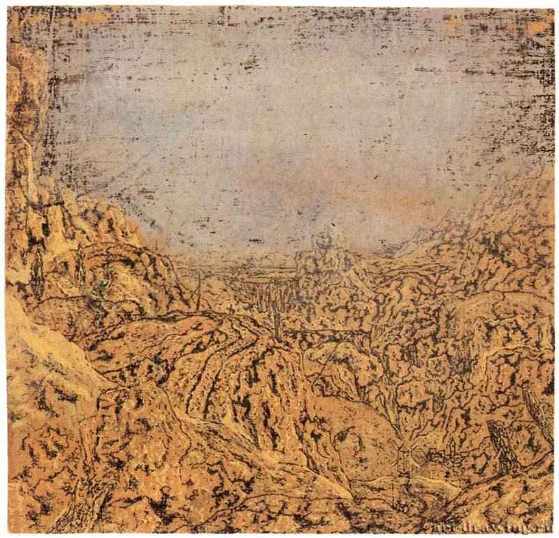 Дорога через ущелье. 1621-1632 - Контр-эпрев с офорта, черный оттиск на окрашенной желтовато-коричневой хлопковой ткани 156 x 161 мм Риксмузеум Амстердам